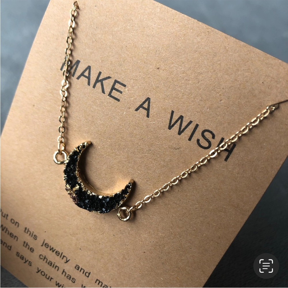Black Moon Faux Druzy Gold Tone Necklace ~ Brand New!